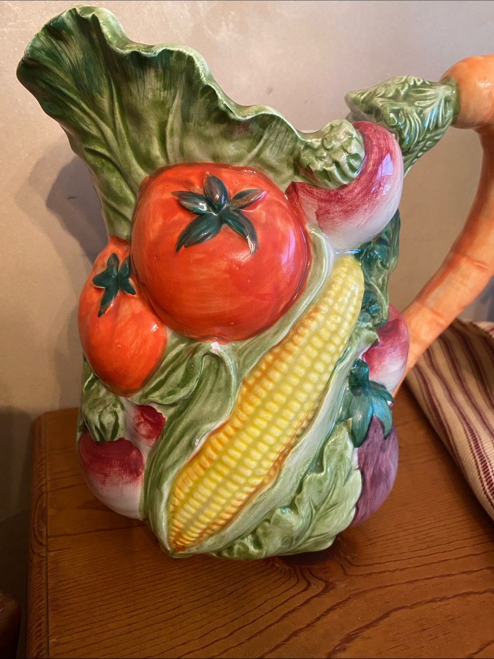 Hand-Painted Ceramic Vegetable Pitcher in Green and Yellow